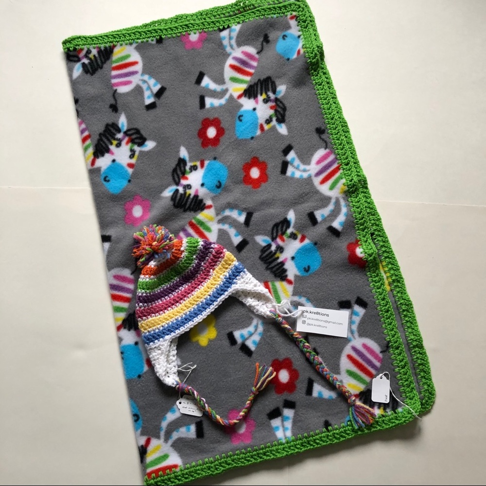 Rainbow zebra fleece & coordinating crochet striped  Hat